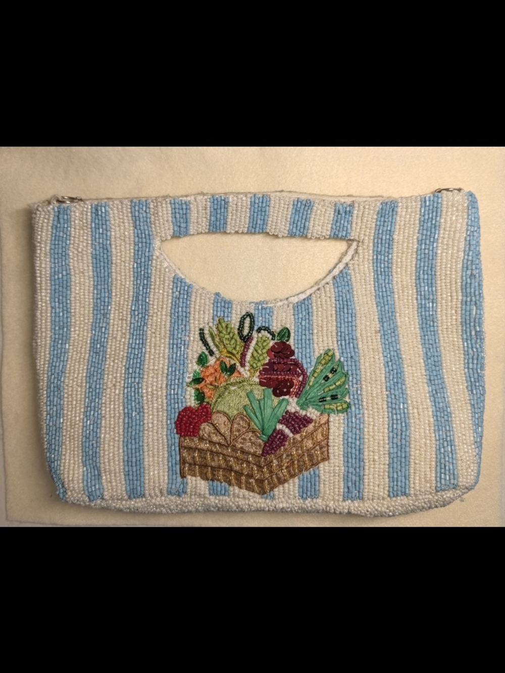 Hand-Beaded Blue & White Striped Tote with Garden Embroidery